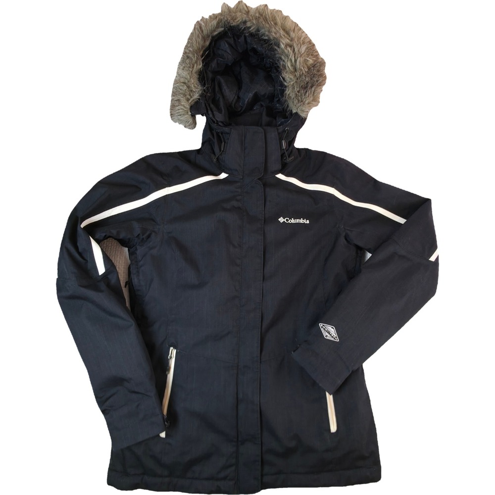 Columbia Omni-Heat Omni-Tech Ski Jacket Womens S Black Faux Fur Hood Excellent